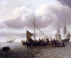 Barges Unloading Inshore by Jan Van De Capelle