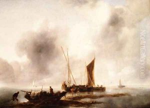 Fisherman unloading their catch in a calm by Jan Van De Capelle