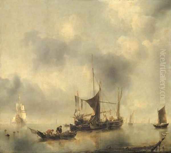 A kaag and a smak in a calm, with fishermen pulling in their catch from a rowing-boat in the foreground, a Dutch frigate and other boats beyond - view 1