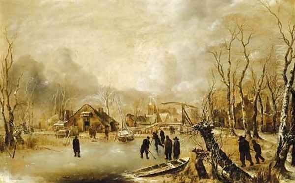 A winter landscape with skaters and kolf players on a frozen waterway by a village by Jan Van De Capelle