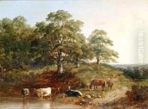 A Hillside Landscape With Horses And Cattle Watering by John Dearman Birchall