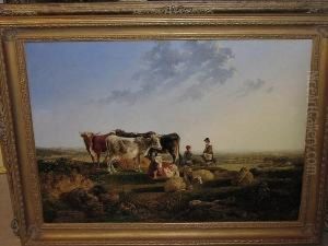 Two Labourers Tending Cattle And Sheep In An Extensive Landscape, Signed And Dated 1831