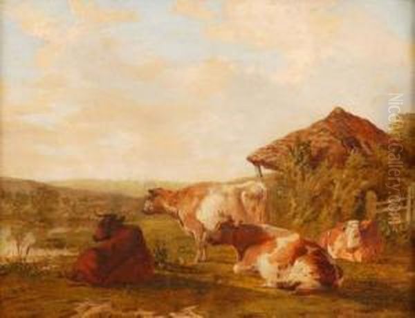 Cattle By A River With Barn Beyond - view 1