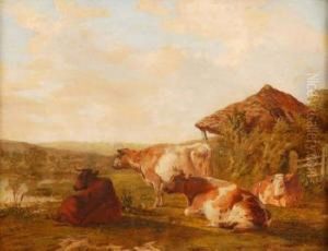 Cattle By A River With Barn Beyond by John Dearman Birchall