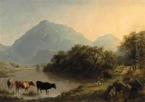 View Near Beddgelert, North Wales, With Cattle Watering In Theforeground View Near Beddgelert, North Wales, With Cattle Watering In Theforeground