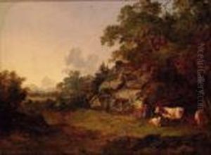 Figures Before A Cottage In A Wooded Landscape