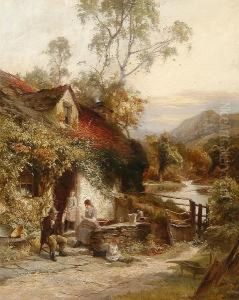 Figures By A Cottage In A Welsh Landscape by Henry Golden Dearth