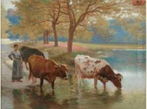  Gardeuse De Vaches Et Son Troupeau A L'abreuvoir  by Edouard Bernard Debat-Ponsan