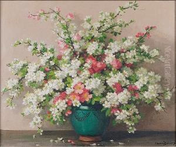 Still Life Of Apple And Cherry Blossom In Agreen Vase, Signed - view 1
