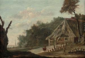 A Wooded Landscape With Herdsmen Outside A Barn, A Church Beyond