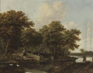 A River Landscape With Fishermen On The Riverbank by Cornelius Decker