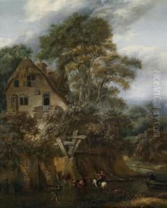 Paesaggio Boschivo Con Un Mulino E Varie Figure Accessorie by Cornelius Decker
