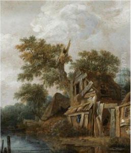 A Wooded Landscape With A
Farmstead On The Banks Of A River, A Figure Entering The Cottage by Cornelius Decker