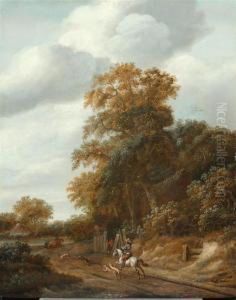 Wooden Landscape In Haarlem With Rider On A White Horse And His Dogs.