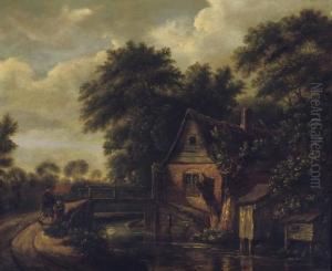 A Wooded River Landscape With Figures On A Track Near A Bridge And A Cottage by Cornelius Decker