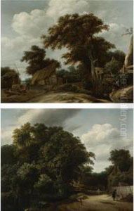 Landscape With A Village Road And Figures Conversing In The Right Foreground by Cornelius Decker