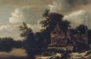A Wooded River Landscape With A
Peasant Carrying Buckets Outside A Cottage, A Fisherman In A Boat Nearby by Cornelius Decker