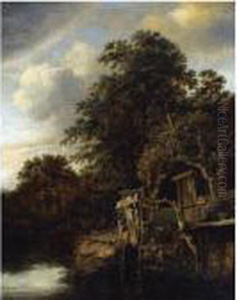 A Wooded River Landscape With A
Woman And Child Looking Out Over The Water, A Horseman With His Dog And
Another Figure Beyond - view 1