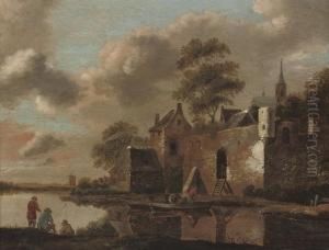 A River Landscape With Anglers On A Bank By A Fortified Village