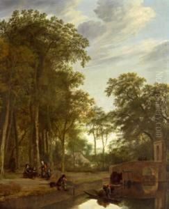 Figure Di Adriaen Van Ostade Barche E Figure In Un Paesaggio Boschivo by Cornelius Decker
