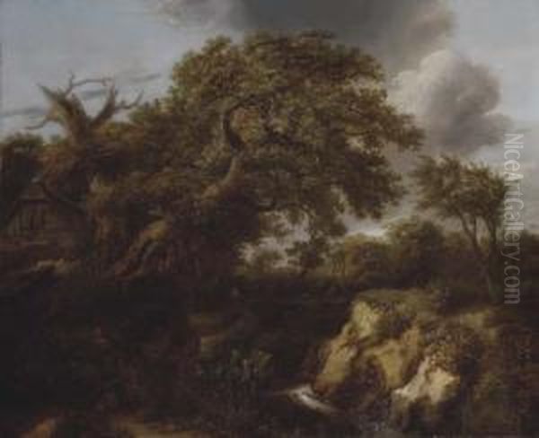 A Wooded River Landscape With Travellers On A Track By A Cottage - view 1