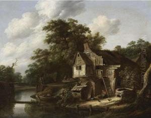 A Farmstead Near A Stream, With A
 Fisherman In A Rowing Boat, A Couple Crossing A Bridge And Figures Near
 A Farm