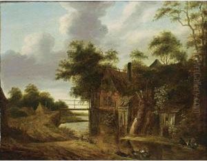 A Landscape With Travellers On A Path Along A Stream Near A Farm by Cornelius Decker