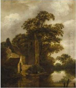River Landscape With Fishermen In A Boat Before A House by Cornelius Decker