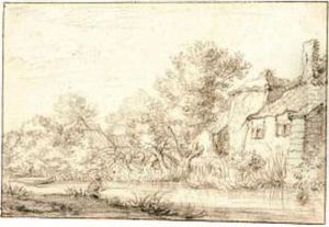 A Fisherman By Cottages On A Wooded Riverbank by Cornelius Decker