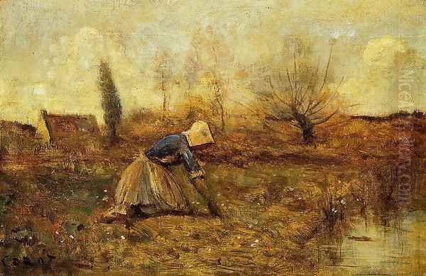 Farmer Kneeling Picking Dandelions - view 1