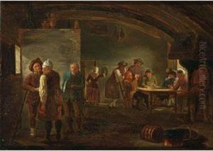 An Interior Of An Inn With Figures Playing Cards by Leonard Defrance