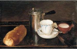 A Still Life Of A Silver
Cafetiere With A Vincennes Porcelain Cup And Saucer, A Little Jug Of
Milk, A Bread Roll And A Knife On A Tray A Still Life Of A Silver
Cafetiere With A Vincennes Porcelain Cup And Saucer, A Little Jug Of
Milk, A Bread Roll And A Knife On A Tray