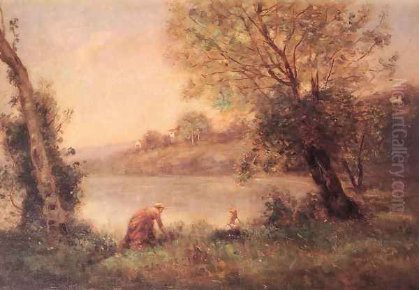 Ville-D'avray - Paysanne Et Son Enfant Entre Deux Arbres Au Bord De L'etang - view 1