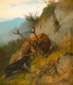 Hirsch Mit Hund Im Gebirge. by Carl Friedrich Deiker