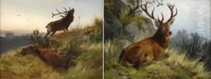 Zwei Gemalde. Nach Dem Kampf. Kapitaler Hirsch. by Carl Friedrich Deiker