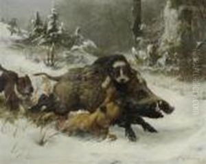 Schneelandschaft Mit Wildschwein Und Hunden.