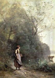 A Peasant Woman Grazing a Cow at the Edge of a Forest