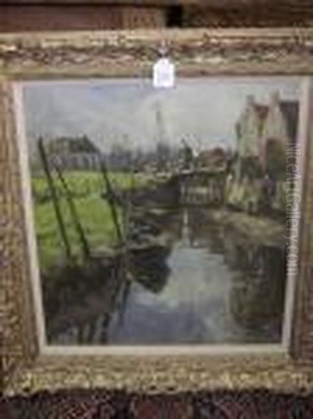 Dutch Canal Scene With A Figure, Boats And Buildings - view 1