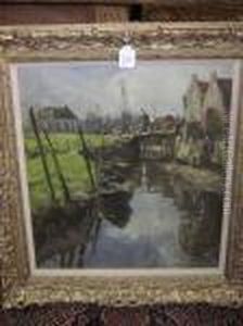 Dutch Canal Scene With A Figure, Boats And Buildings by Eugene Dekkert
