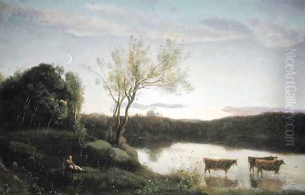 A Pond with three Cows and a Crescent Moon, c.1850 - view 1