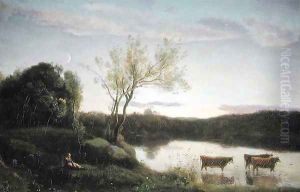 A Pond with three Cows and a Crescent Moon, c.1850 by Jean-Baptiste-Camille Corot
