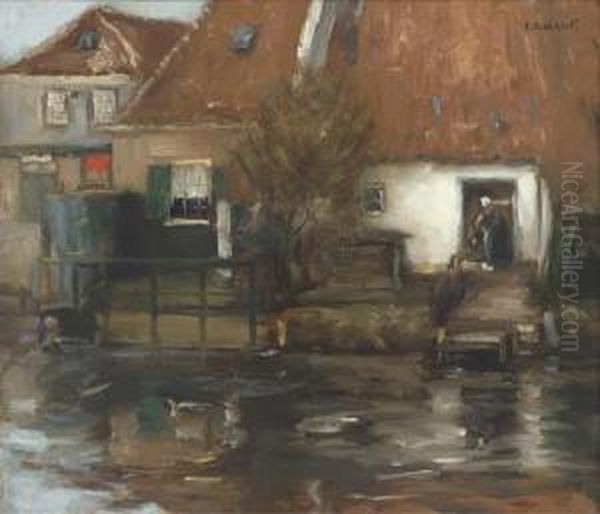 A Figure Outside A Cottage Before A River - view 1