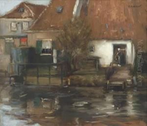 A Figure Outside A Cottage Before A River