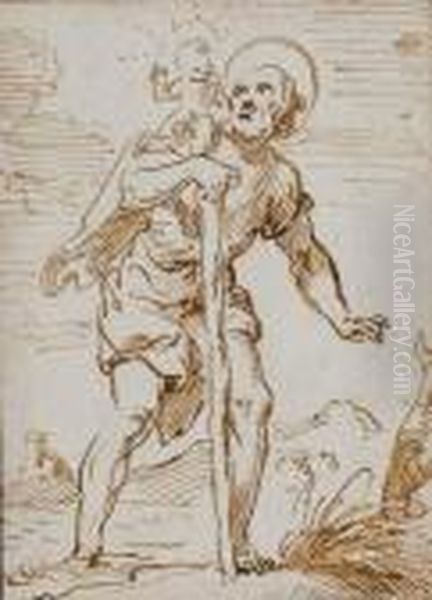 Saint Christophe Appuye Sur Un Baton Portant L'enfant Jesus Sur Son Epaule - view 1