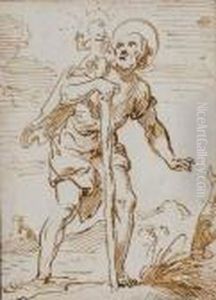 Saint Christophe Appuye Sur Un Baton Portant L'enfant Jesus Sur Son Epaule
