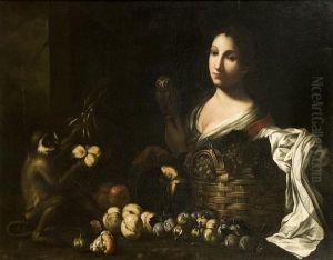 Ragazza Con Cesta Di Frutti, Una Scimmietta E Una Civetta