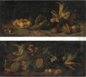 Natua Morta Di Frutta E Ortaggi
Con Uno Scoiattolo; Natura Morta Di Ortaggi E Frutta Con Una Scimmietta by Simone Del Tintore