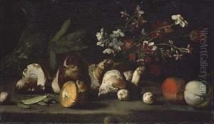 Mushrooms, Mange Tout, Apples, An Artichoke And Flowers On A Stoneledge