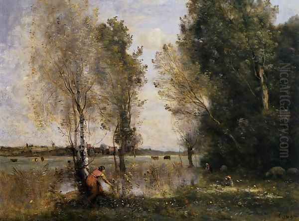 Woman Picking Flowers in a Pasture - view 1
