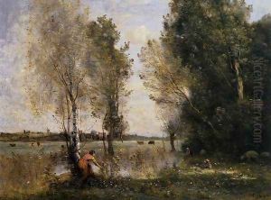 Woman Picking Flowers in a Pasture by Jean-Baptiste-Camille Corot